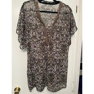 Badgley Mischka beaded v-neck tunic swimsuit coverup medium gold